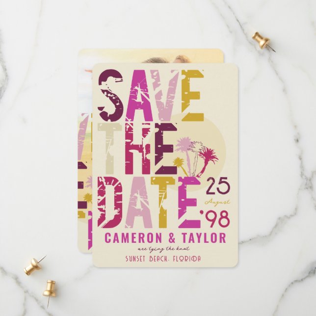 Tropical Beach Pink Palm Trees Grunge Text Photo Save The Date (Front/Back In Situ)