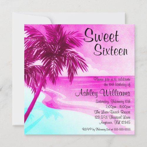 Tropical Beach Pink Sweet 16 Birthday Invitations