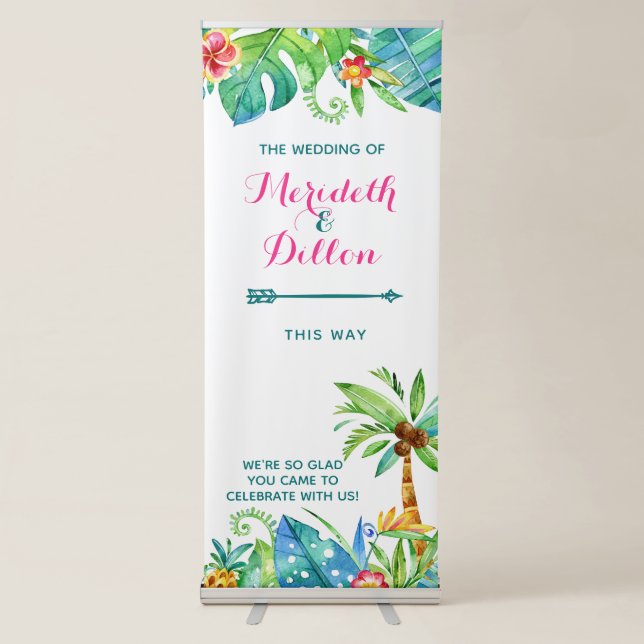 Tropical Beach Pink Teal Floral Event Directional Retractable Banner (Front)