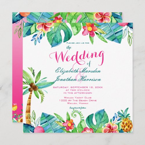 Tropical Beach Pink Teal Floral Ombre Wedding Invitation
