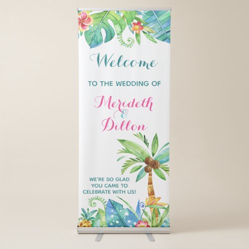 Tropical Beach Pink Teal Floral Wedding Welcome Retractable Banner