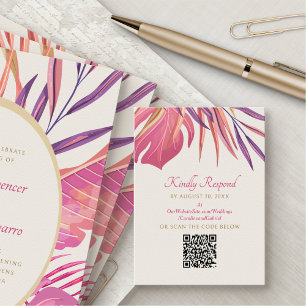 Tropical Beach Pink Wedding RSVP QR Enclosure Card