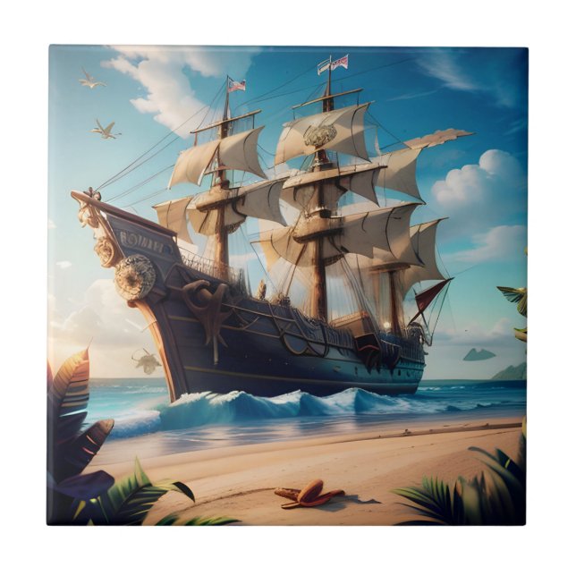 Tropical Beach Pirate Ship Ceramic Tile (Front)