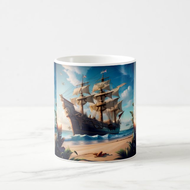 Tropical Beach Pirate Ship Coffee Mug (Center)