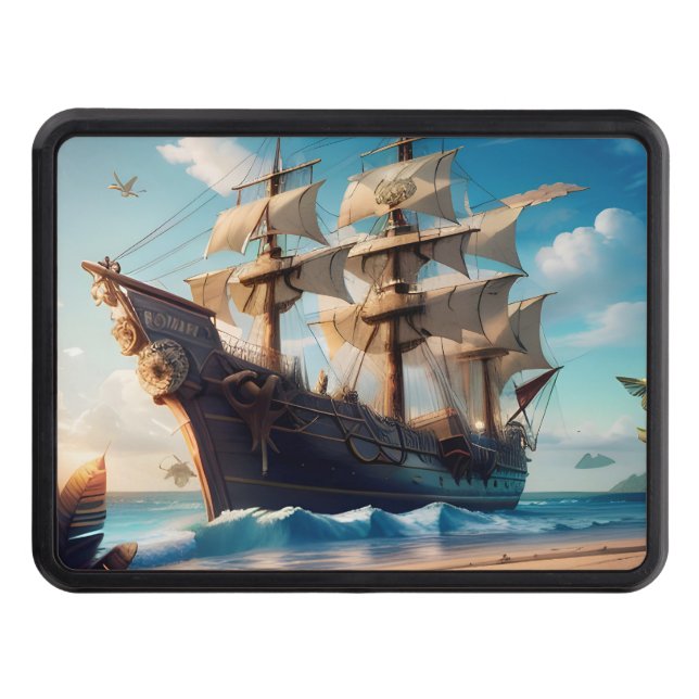 Tropical Beach Pirate Ship Hitch Cover (Front)