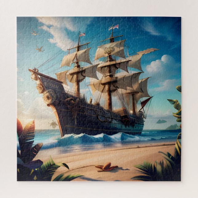 Tropical Beach Pirate Ship Jigsaw Puzzle (Vertical)