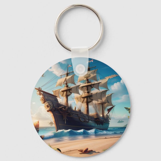 Tropical Beach Pirate Ship Keychain (Front)