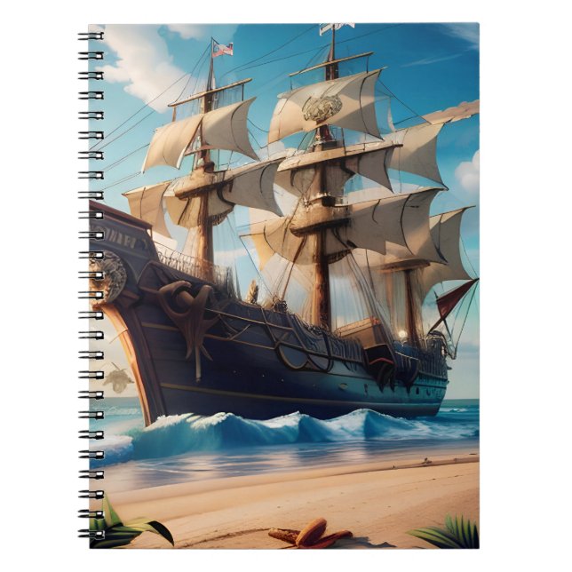 Tropical Beach Pirate Ship Notebook (Front)