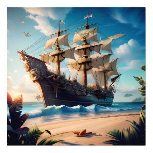 Tropical Beach Pirate Ship Photo Print