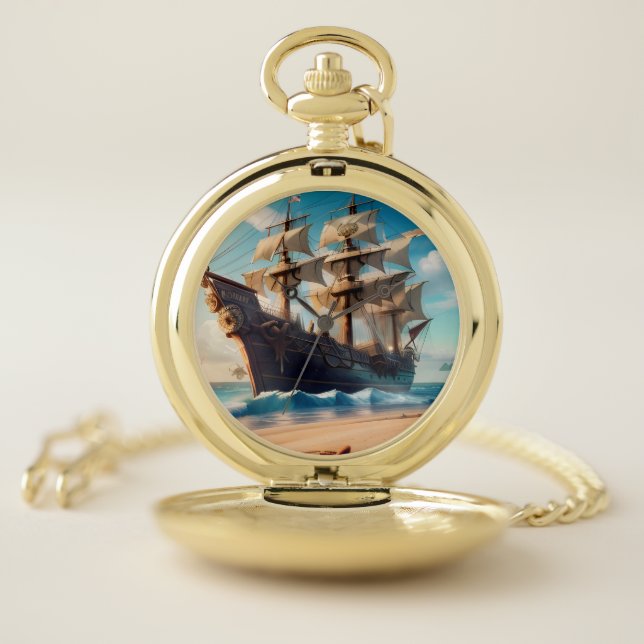 Tropical Beach Pirate Ship Pocket Watch (Inside)
