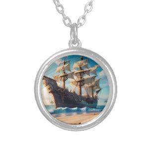 Tropical Beach Pirate Ship Silver Plated Necklace