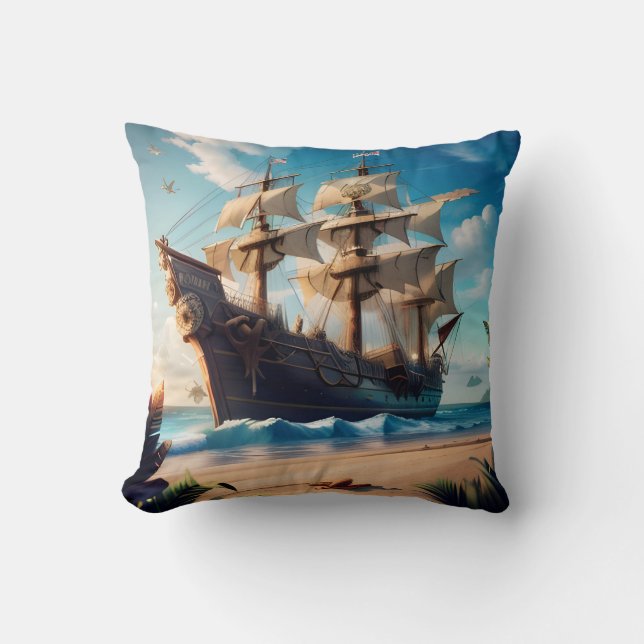 Tropical Beach Pirate Ship Throw Pillow (Front)