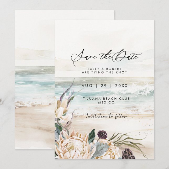 Tropical beach protea floral save the date card (Front/Back)