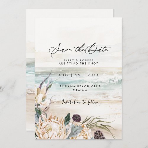Tropical beach protea floral save the date card