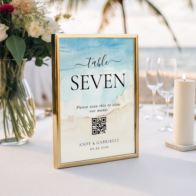 Tropical Beach QR Code Wedding Menu Table Number (Creator Uploaded)