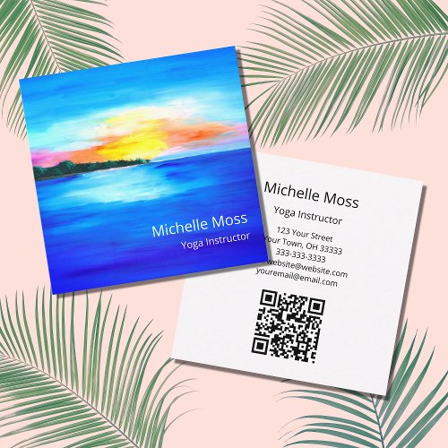 Tropical Beach QR code Yoga Instructor  Square Business Card