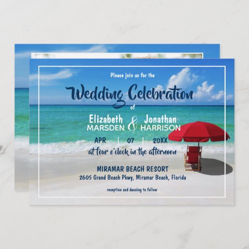 Tropical Beach Red Umbrella Modern Photo Wedding Invitation