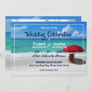 Tropical Beach Red Umbrella Modern Photo Wedding Invitation