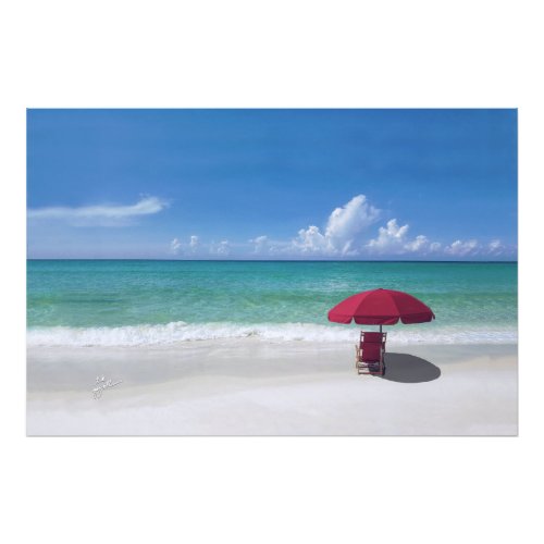 Tropical Beach Red Umbrella Sea Travel Tranquil Photo Print