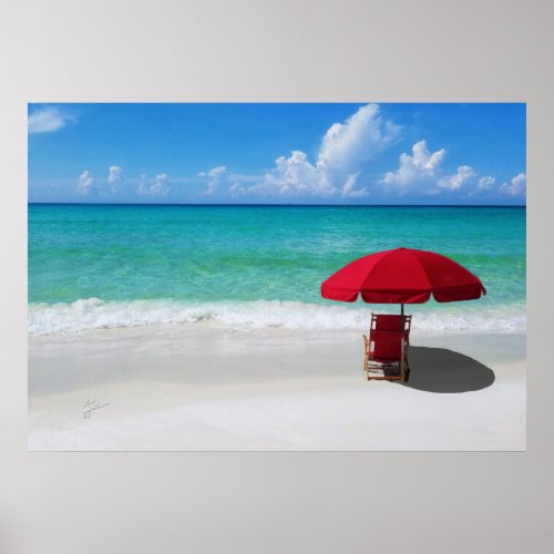 Tropical Beach Red Umbrella Sea Travel Tranquil Poster