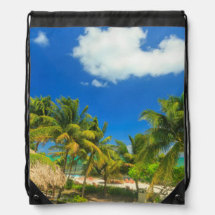 Tropical beach resort, Belize Drawstring Bag