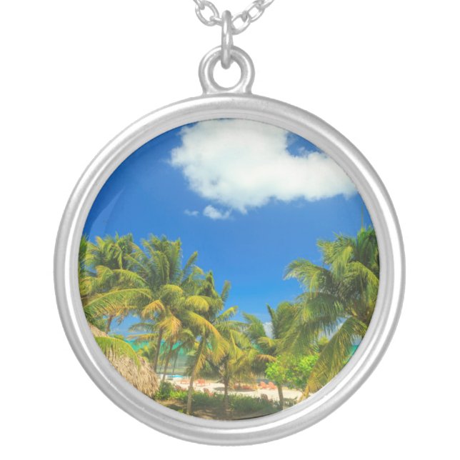Tropical beach resort, Belize Silver Plated Necklace (Front)
