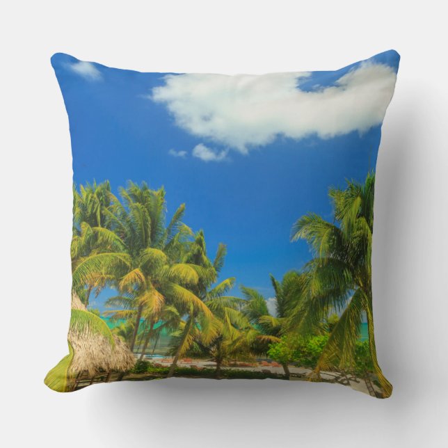 Tropical beach resort, Belize Throw Pillow (Front)
