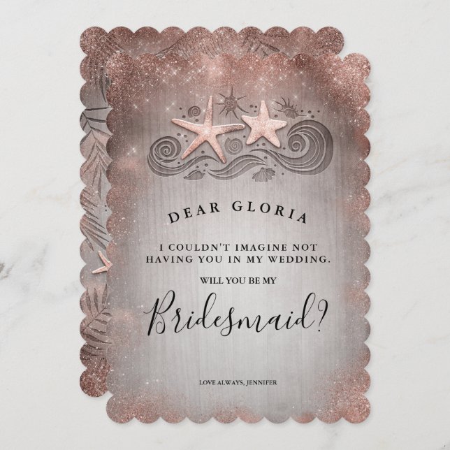 Tropical Beach Rose Gold Bridesmaid Proposal Invitation (Front/Back)