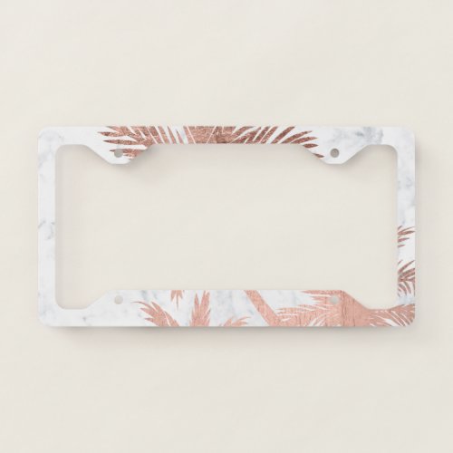 Tropical beach rose gold palm trees white marble license plate frame