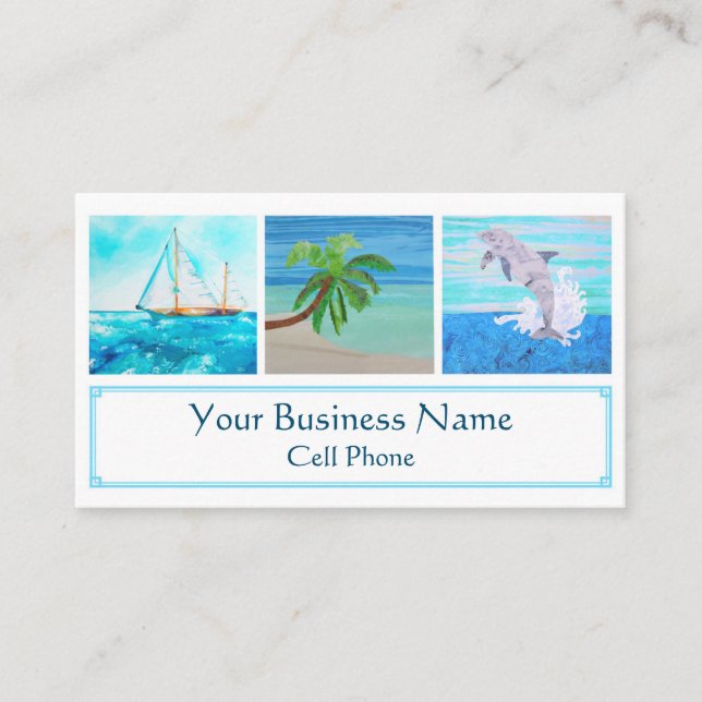Tropical Beach Sailboat Palm Tree Dolphin Ocean Business Card (Front)