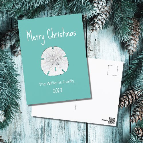 Tropical Beach Sand Dollar Teal Christmas Holiday Postcard