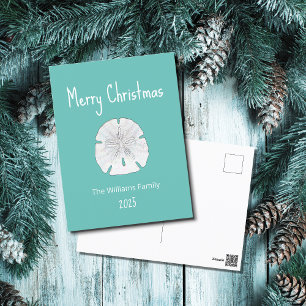Tropical Beach Sand Dollar Teal Christmas Holiday Postcard