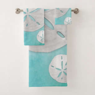 Tropical Beach Sand Dollar Turquoise Watercolor Bath Towel Set