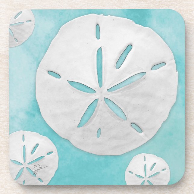 Tropical Beach Sand Dollar Turquoise Watercolor Beverage Coaster (Front)