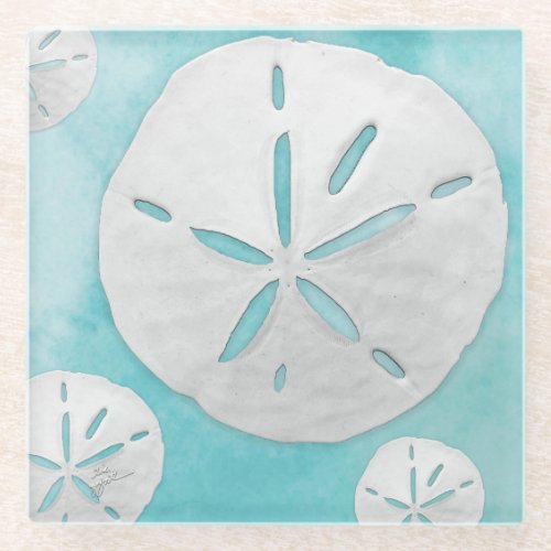 Tropical Beach Sand Dollar Turquoise Watercolor Glass Coaster