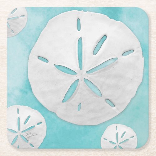 Tropical Beach Sand Dollar Turquoise Watercolor Square Paper Coaster