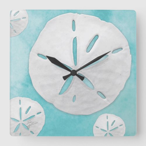 Tropical Beach Sand Dollar Turquoise Watercolor Square Wall Clock