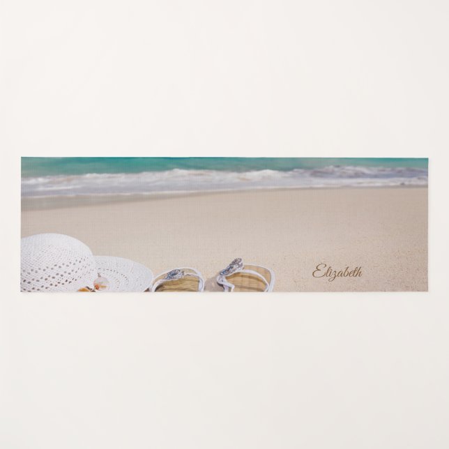 Tropical Beach, Sand,Flip flop,Hat- Personalized Yoga Mat (Front (Horizontal))