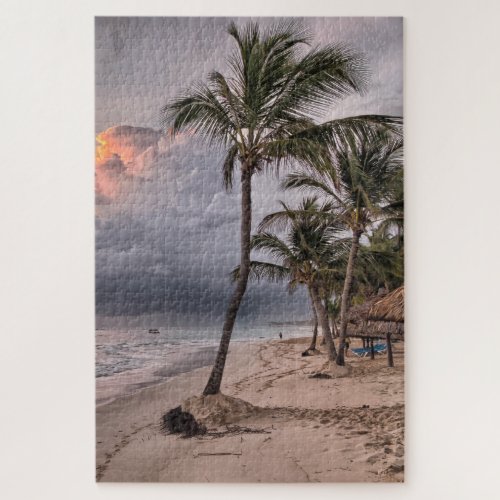Tropical Beach Sand Palms Sunset Jigsaw Puzzle