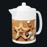 Tropical Beach Sand Seashells  Teapot<br><div class="desc">Tropical Beach Sand Seashells teapot photography of sand, seashells and starfish.A perfect design for beach house & summer tea party .Also an unique gift for some one who loves to travel .</div>