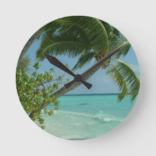 Tropical Beach Sand Sun Water Ocean Waves Surf Art Round Clock