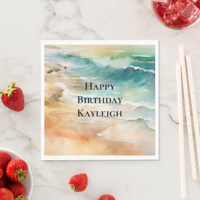 Tropical Beach Sand Turquoise Sea Birthday Napkins (Insitu)