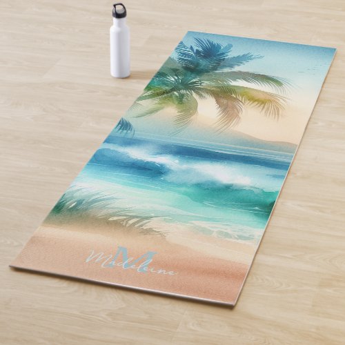 Tropical Beach Sand Waves Palm Name Monogram Yoga Mat