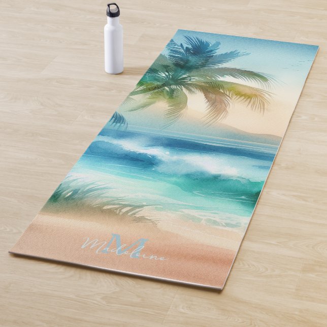 Tropical Beach Sand Waves Palm Name Monogram Yoga Mat (In Situ)