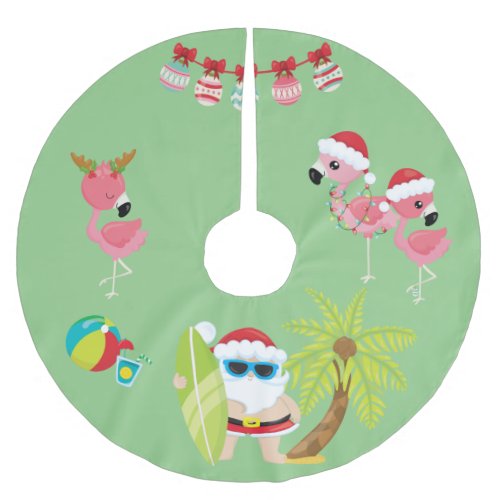 Tropical Beach Santa and Flamingos Brushed Polyester Tree Skirt