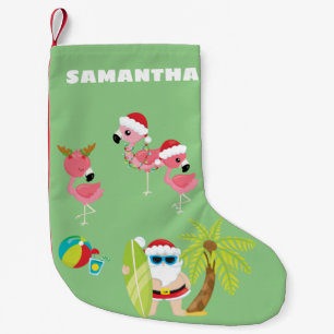 Tropical Beach Santa and Flamingos Small Christmas Stocking