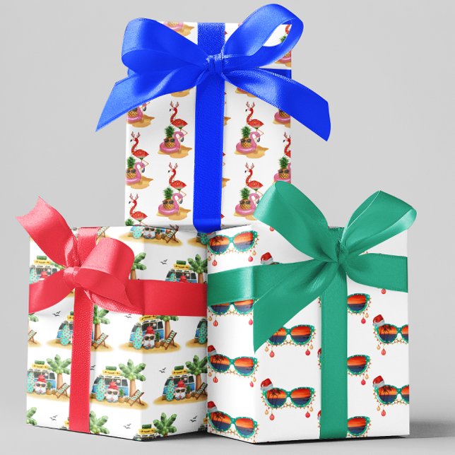 Tropical Beach Santa Christmas Flamingo  Wrapping Paper Sheets (Creator Uploaded)