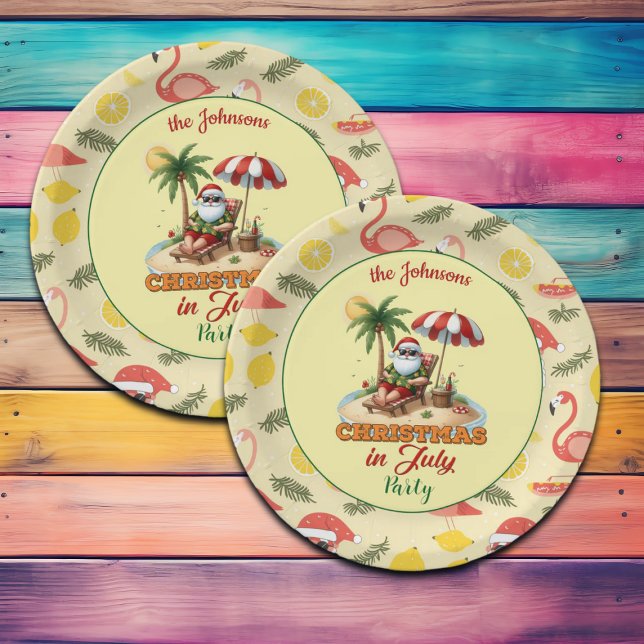 Tropical Beach & Santa Christmas in July Party Paper Plates (Creator Uploaded)