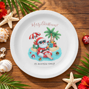 Tropical Beach Santa Christmas Party Paper Plates