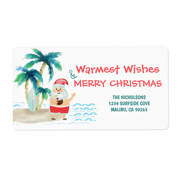 Tropical Beach Santa Christmas Return Address Label | Zazzle